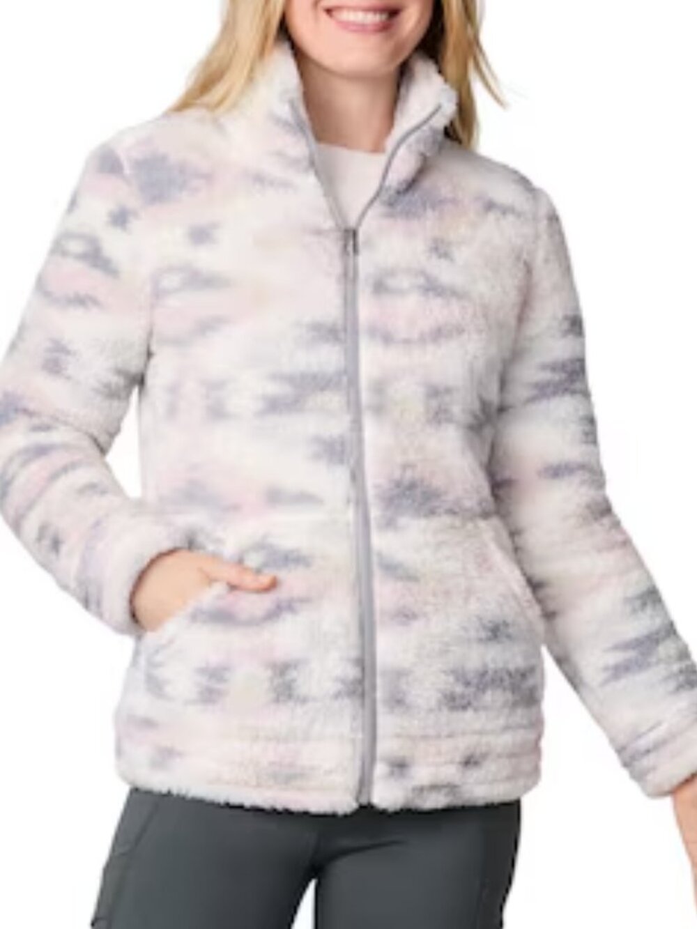 Free Country Sherpa Full Zip Fleece Large Grey Pink Cozy Winter Cabincore Lounge